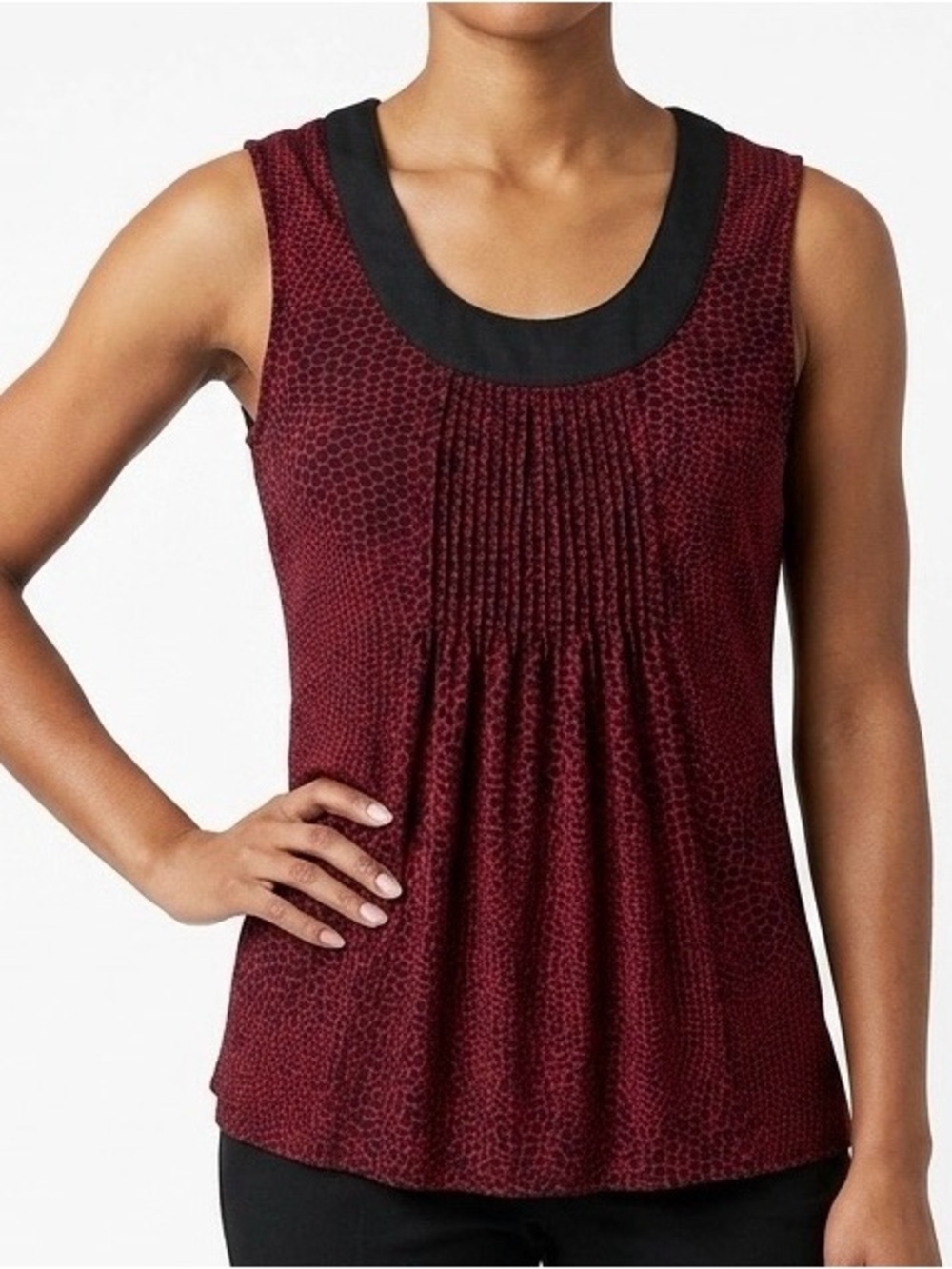 Rafaella Red Patterned Pintuck Scoop Neck Tank